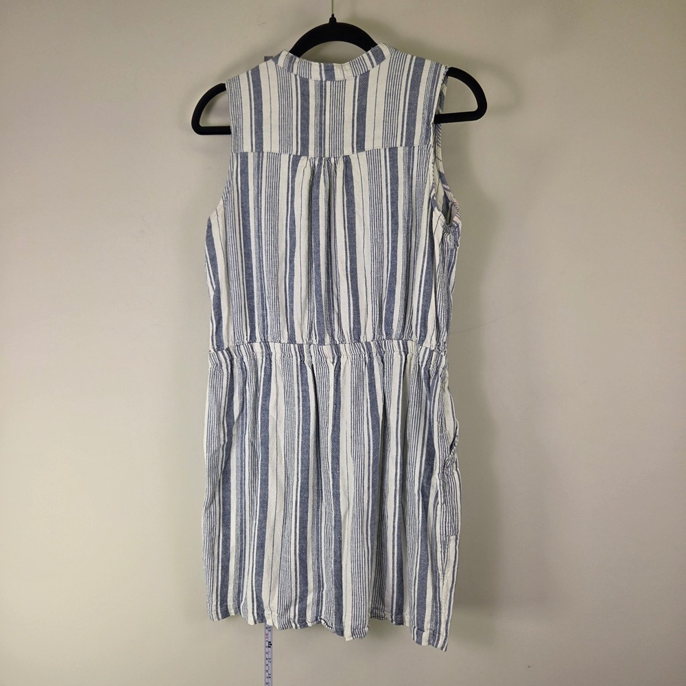Blue White Striped Sleeveless Shirt Dress Drawstring Waist Pockets 4946 - Picture 5 of 6